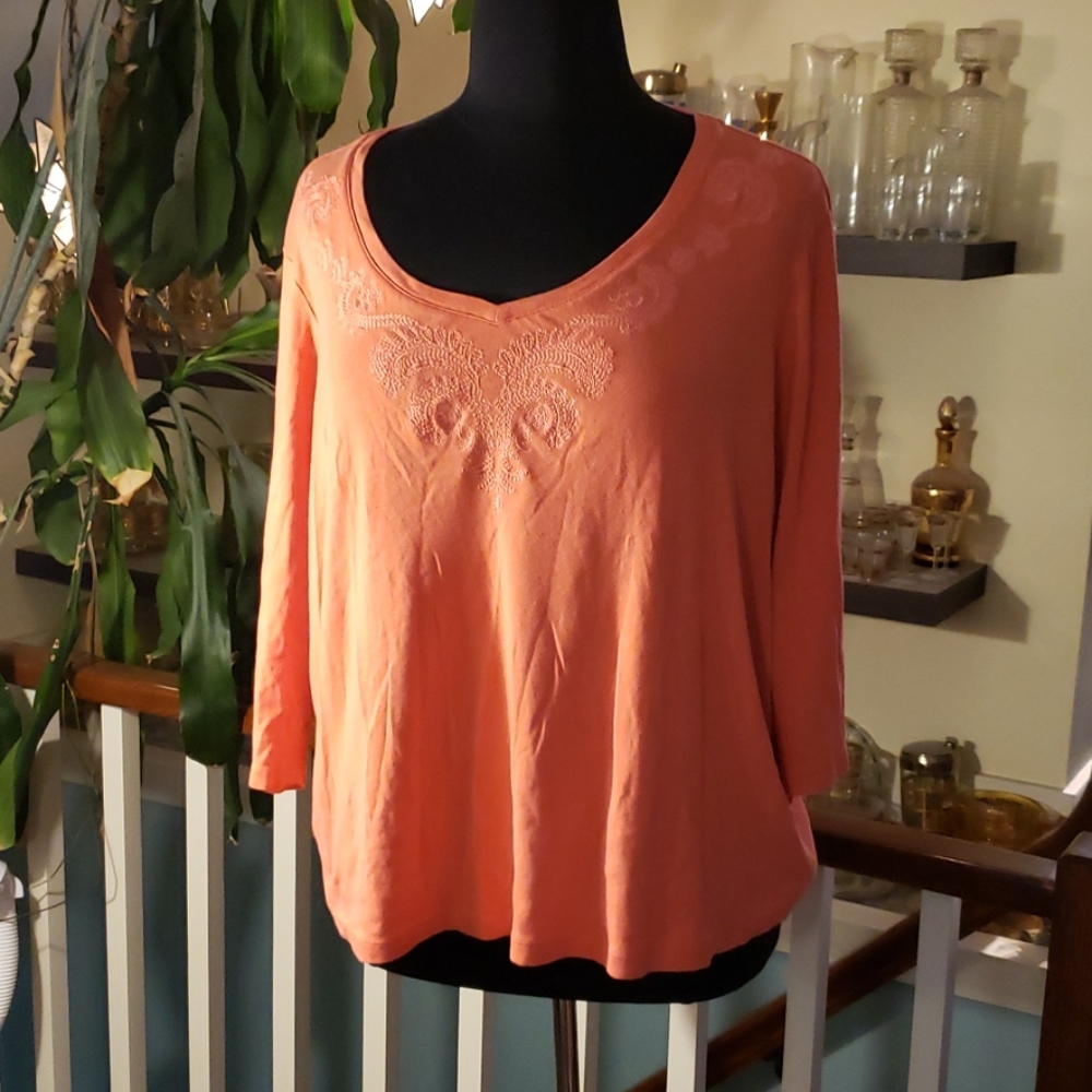 St. Johns Bay Womans Dusty Orange Cotton Embroideried Knit Top
